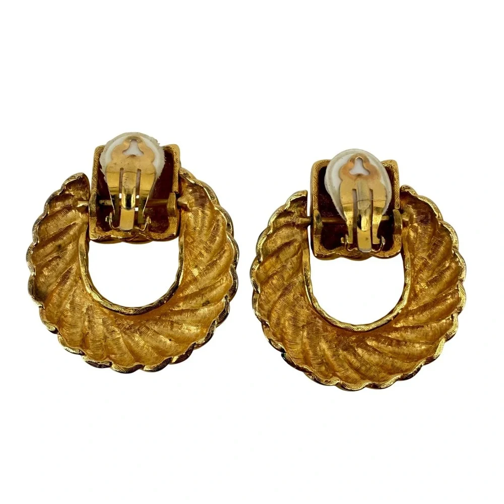 Vintage Gold Tone Navy Enamel Twisted Door Knocker‎ Clip On Statement Earrings